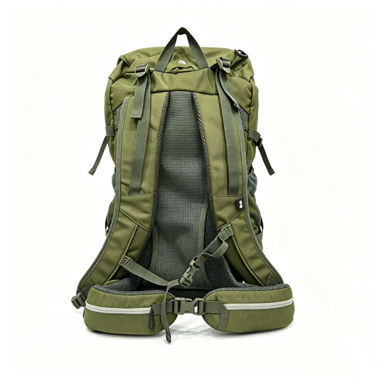 An olive green hiking backpack shown from the back, featuring a breathable mesh back panel, padded shoulder straps, compression straps, and a padded hip belt, photographed against a plain white background.