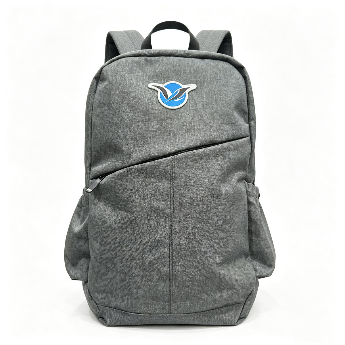 A gray fabric backpack with a diagonal front pocket, side pockets, and a blue and white bird logo patch on the front, shown against a plain white background.