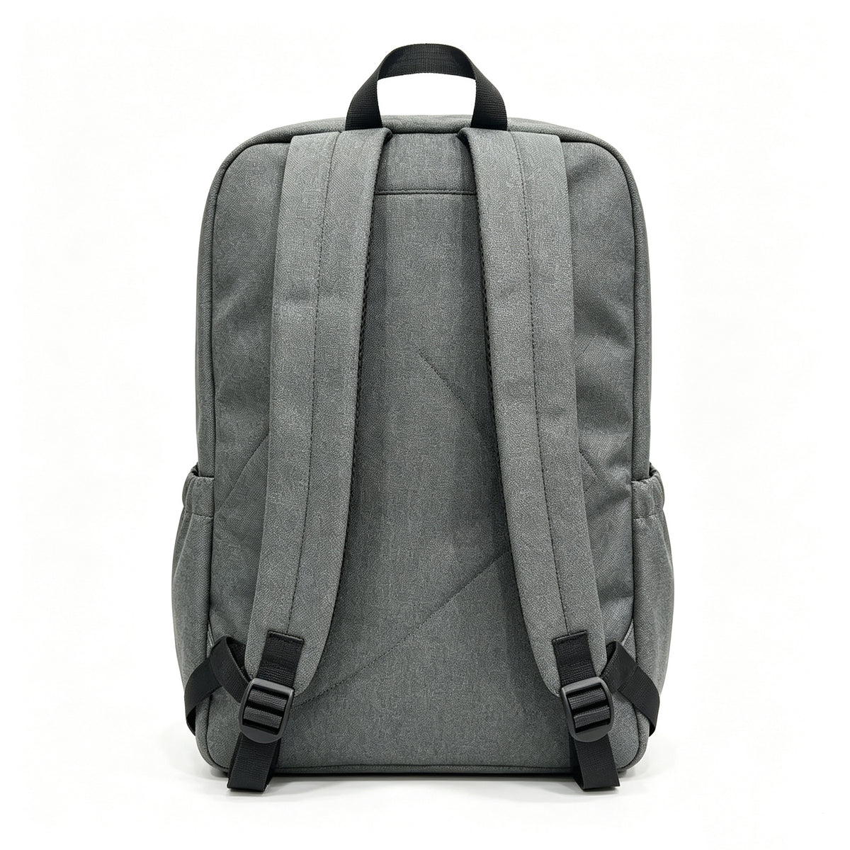 The back view of a gray fabric backpack with black straps and plastic buckles, shown against a plain white background.