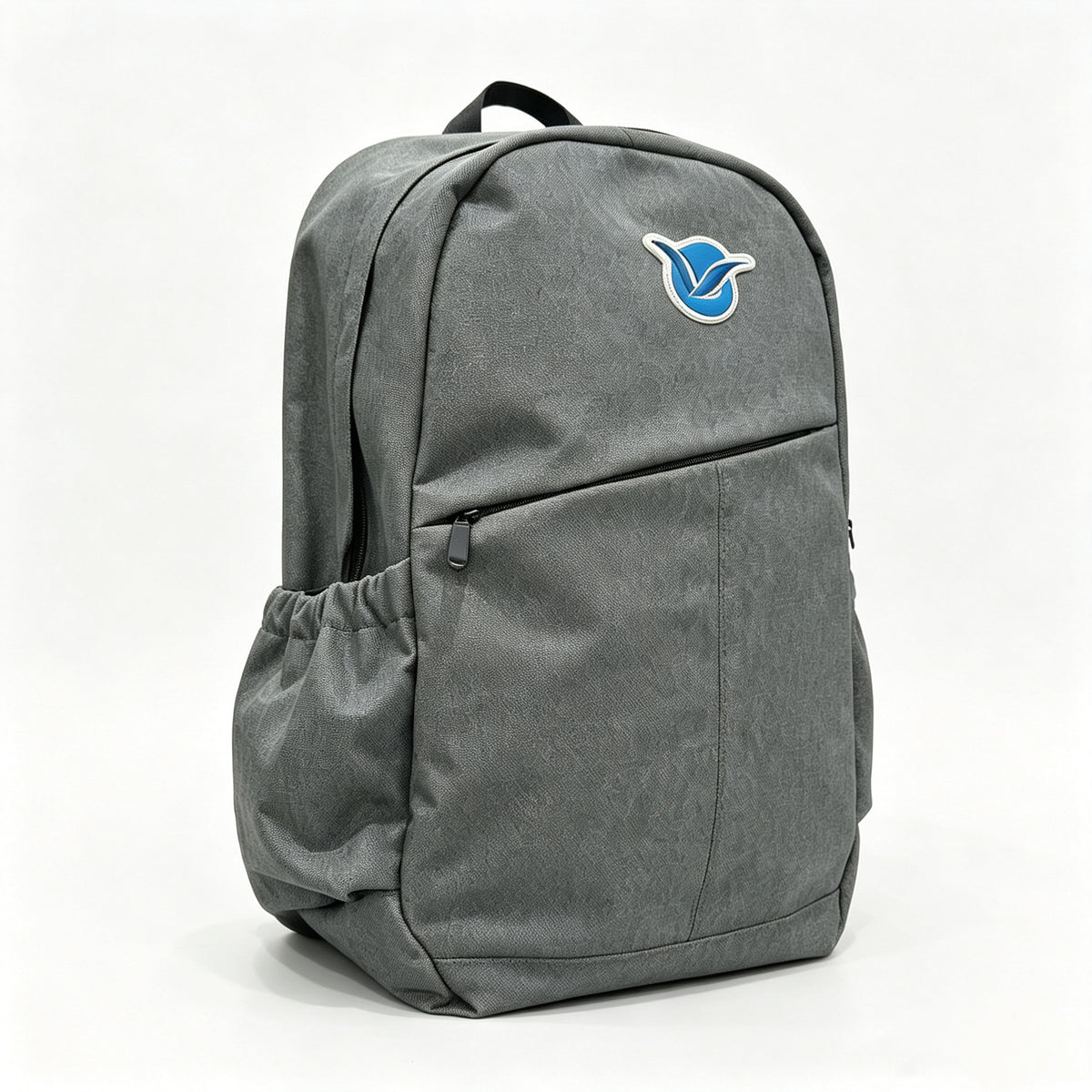 A dark gray backpack with a front zippered pocket and a blue bird logo on the upper right, shown on a plain white background.