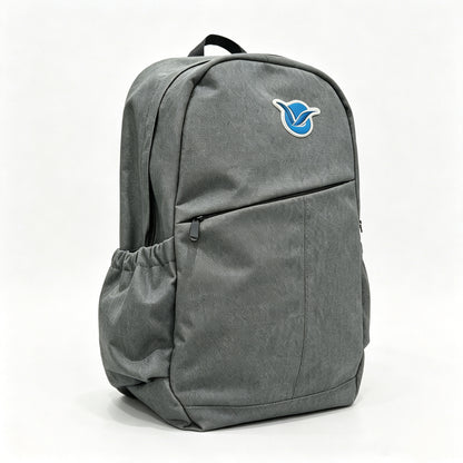 A dark gray backpack with a front zippered pocket and a blue bird logo on the upper right, shown on a plain white background.