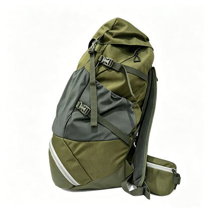 An olive green and gray hiking backpack with a matching small pouch, shown from a three-quarter angle on a white background.