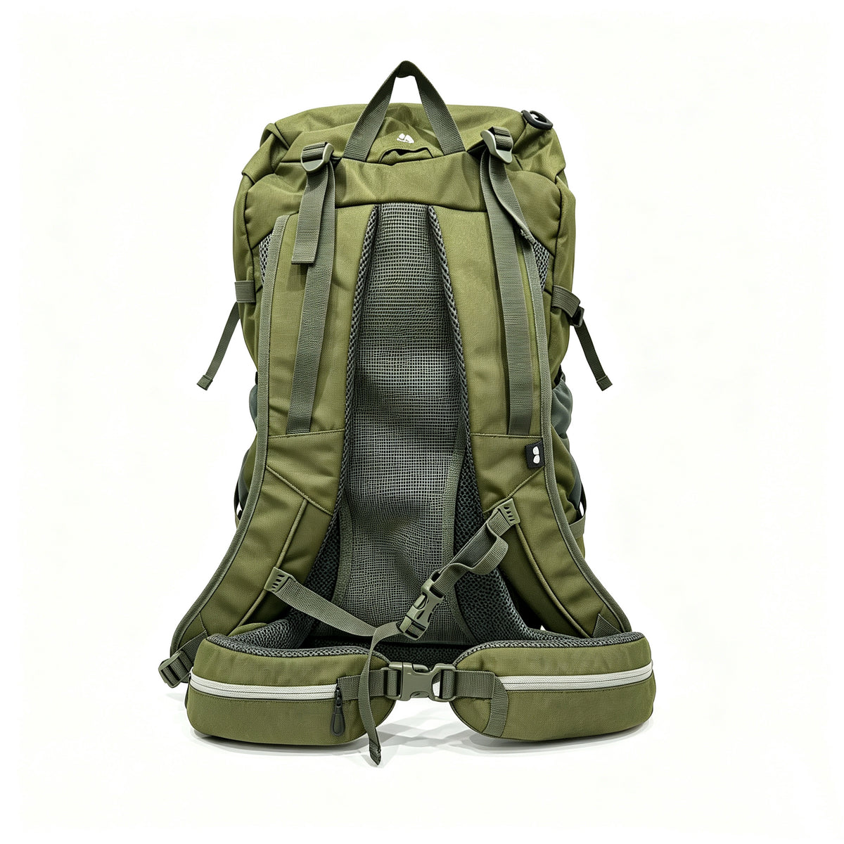 An olive green hiking backpack shown from the back, featuring a breathable mesh back panel, padded shoulder straps, compression straps, and a padded hip belt, photographed against a plain white background.