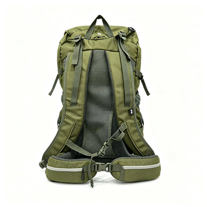 An olive green hiking backpack shown from the back, featuring a breathable mesh back panel, padded shoulder straps, compression straps, and a padded hip belt, photographed against a plain white background.