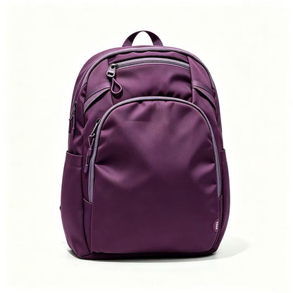 A purple backpack with multiple zippered compartments and a white stylized 'P' logo on the front, photographed against a clean white background.