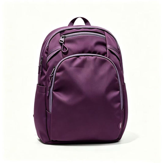 A purple backpack with multiple zippered compartments and a white stylized 'P' logo on the front, photographed against a clean white background.
