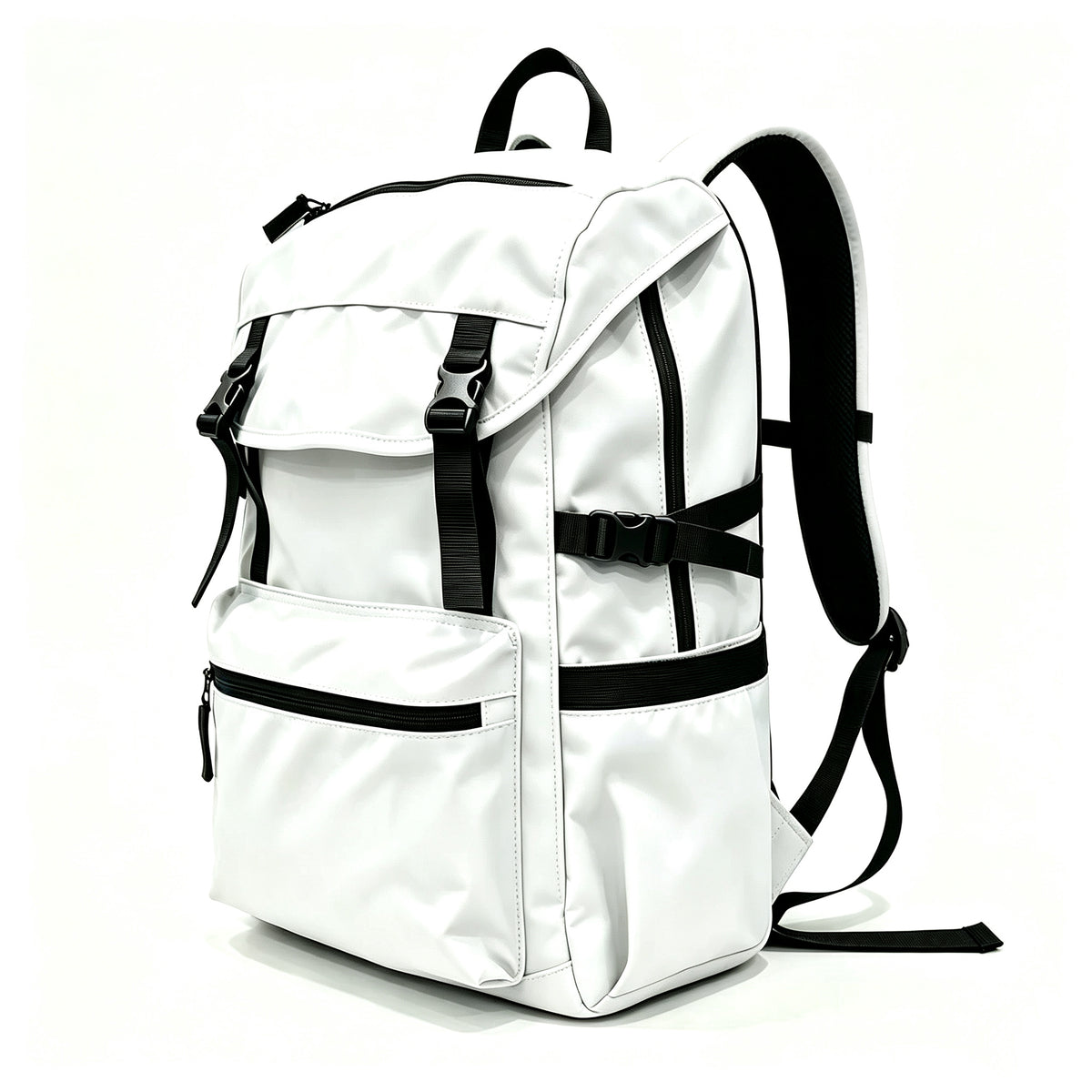 A white nylon backpack with black straps, zippers, and trim, shown from a three-quarter angle on a white background.