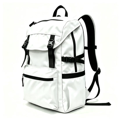 A white nylon backpack with black straps, zippers, and trim, shown from a three-quarter angle on a white background.
