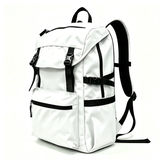 A white nylon backpack with black straps, zippers, and trim, shown from a three-quarter angle on a white background.