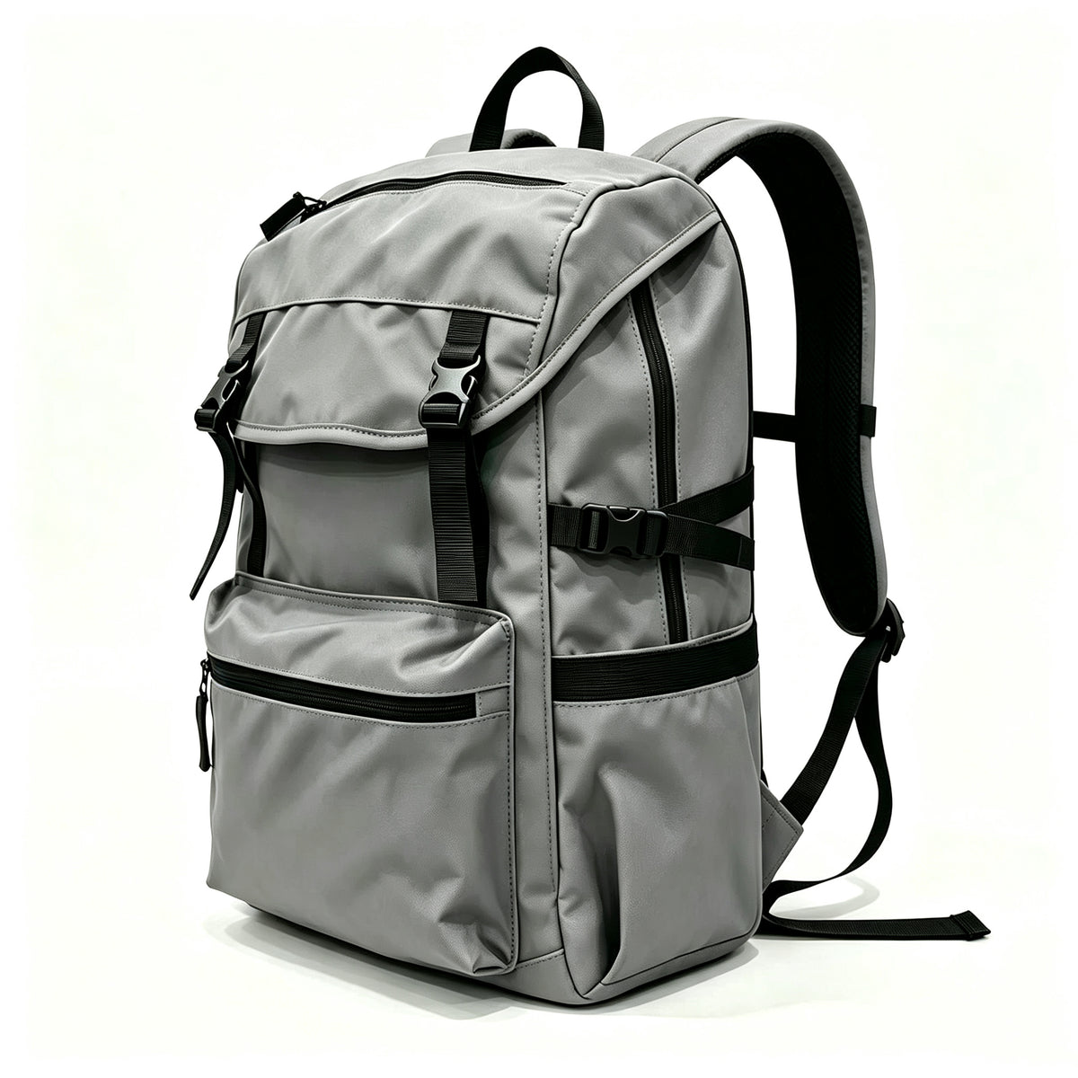 A gray nylon backpack with black straps, zippers, and buckles, shown from a three-quarter angle on a white background.
