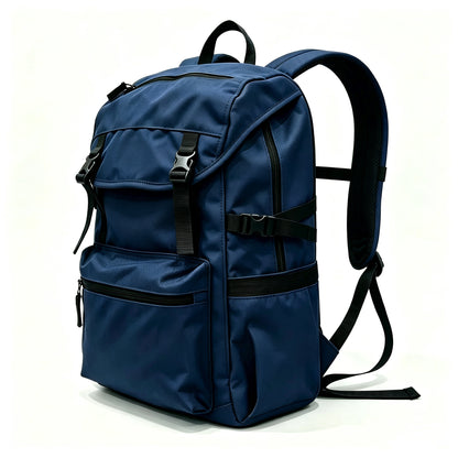 A navy blue nylon backpack with black straps, buckles, and zippers, shown from a three-quarter angle on a white background.