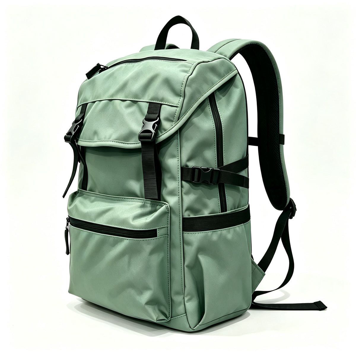 A sage green nylon backpack with black straps, zippers, and buckles, shown from a three-quarter angle on a white background.