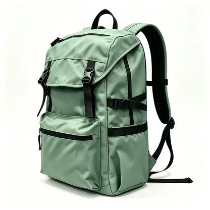 A sage green nylon backpack with black straps, zippers, and buckles, shown from a three-quarter angle on a white background.