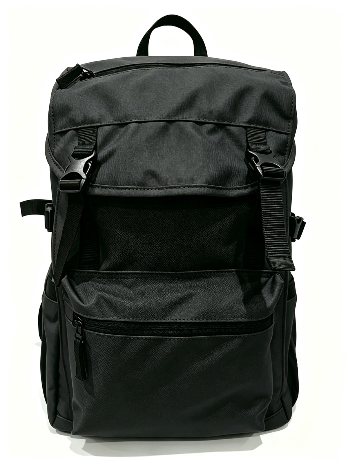 A black nylon backpack with multiple zippered compartments, side pockets, and adjustable straps, shown against a plain white background.
