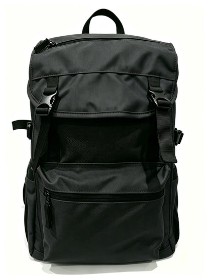 A black nylon backpack with multiple zippered compartments, side pockets, and adjustable straps, shown against a plain white background.