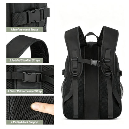 Black mesh and nylon backpack shown from the back on a white background, with four inset close-up callouts highlighting reinforcement straps, padded shoulder straps, chest strap, and padded back support.