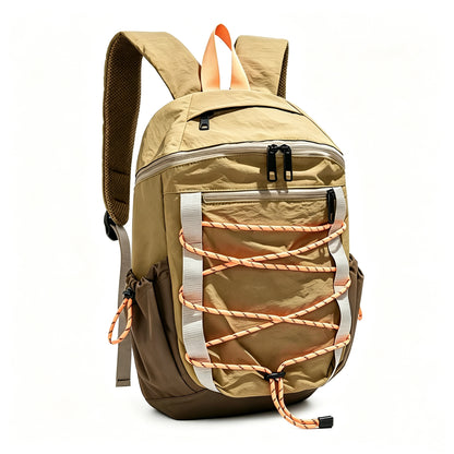 A tan and brown hiking backpack with orange and white lacing details, shown on a clean white background.