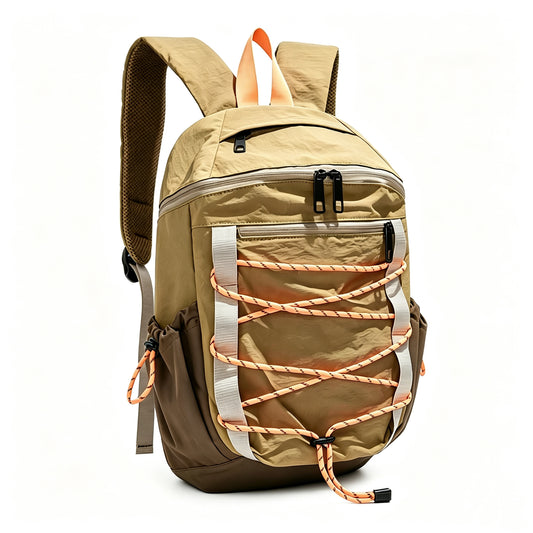 A tan and brown hiking backpack with orange and white lacing details, shown on a clean white background.