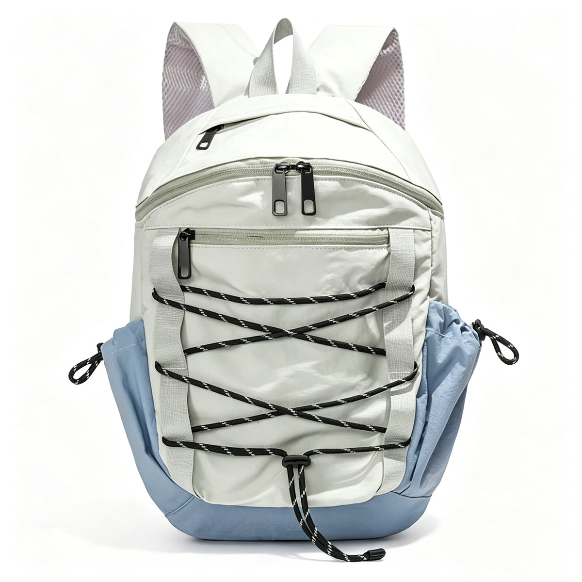A light gray backpack with a light blue bottom panel and side pockets, featuring black-and-white laced front detail and gray mesh side panels.