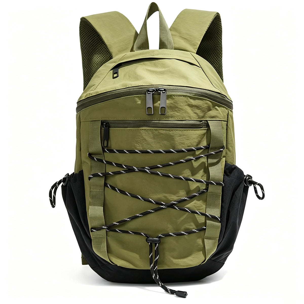 An olive green and black backpack with a front zippered pocket and decorative black-and-white lacing across the front, shown on a plain white background.