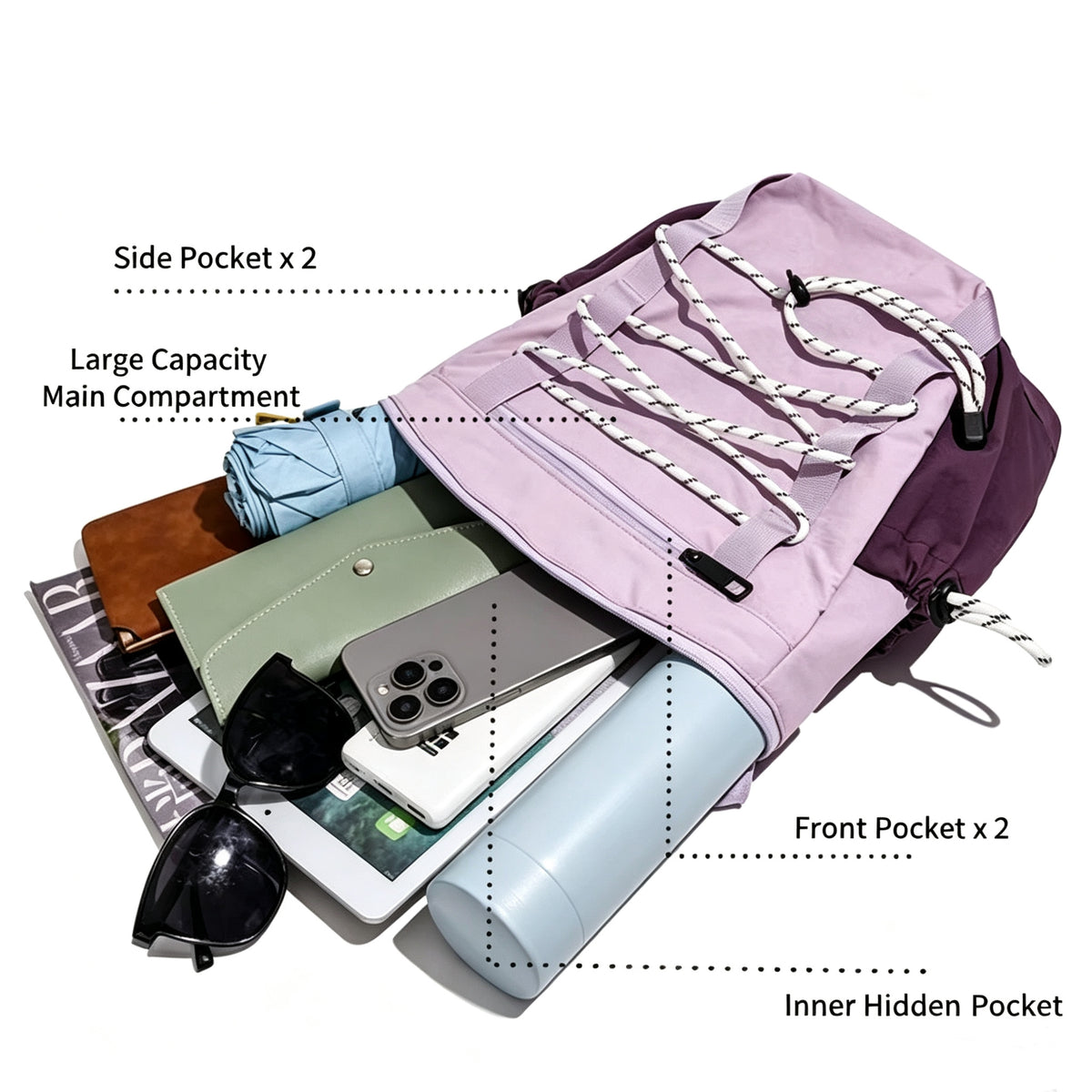 A lavender and dark purple backpack shown open with labeled callouts pointing to its compartments and pockets, including side pockets, a large capacity main compartment, front pockets, and an inner hidden pocket. The bag is styled with accessories like sunglasses, a tablet, a phone, a wallet, and rolled clothing on a white background.