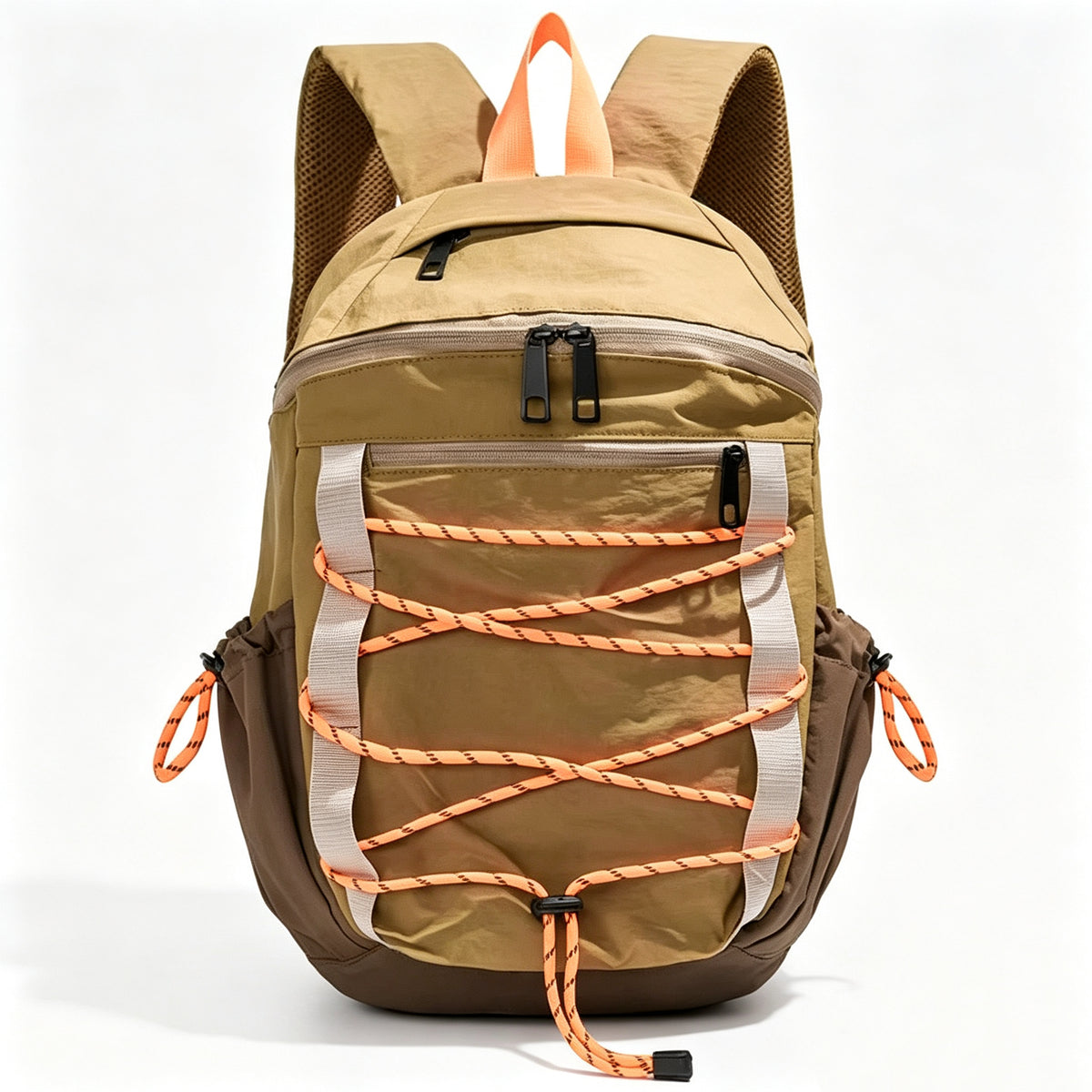 A tan and brown backpack with orange rope lacing across the front pocket, shown on a clean white background.