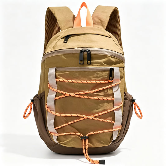 A tan and brown backpack with orange rope lacing across the front pocket, shown on a clean white background.