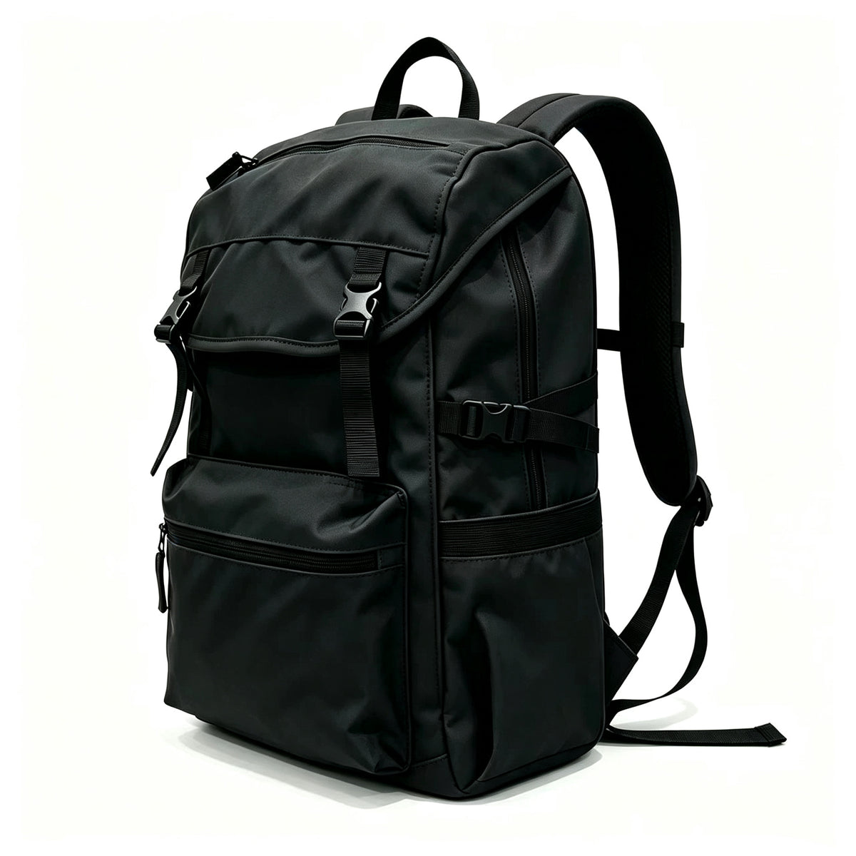 A black nylon backpack with multiple zippered compartments, side compression straps, and padded shoulder straps, shown on a clean white background.