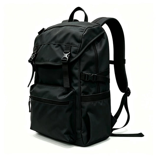 A black nylon backpack with multiple zippered compartments, side compression straps, and padded shoulder straps, shown on a clean white background.