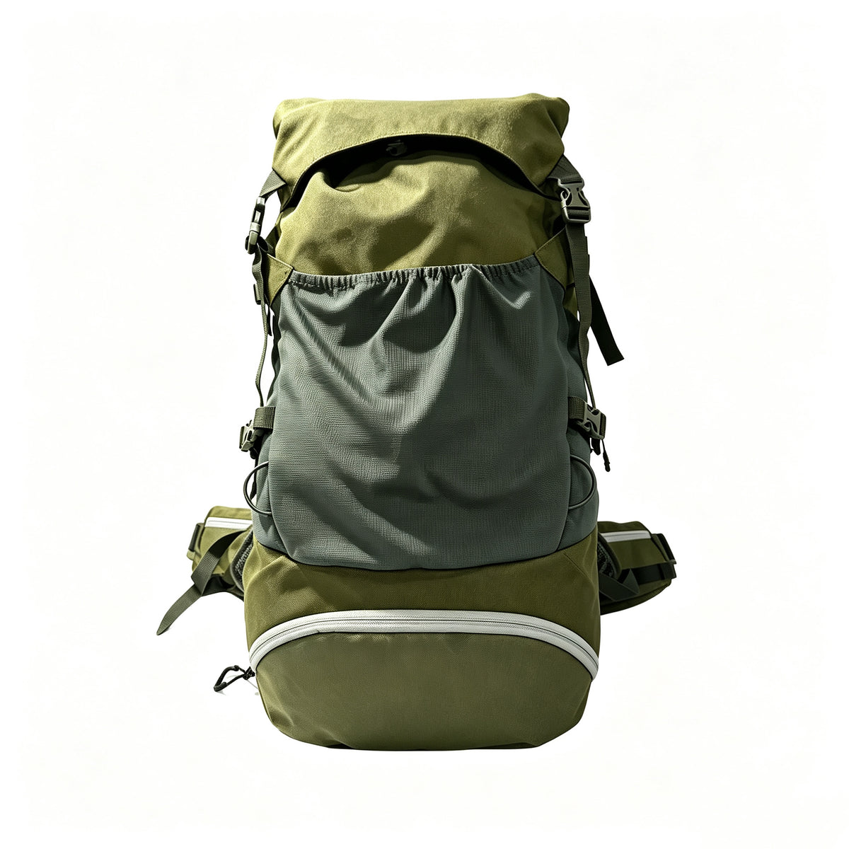 An olive green and gray hiking backpack with multiple compartments, side compression straps, and a white reflective stripe on the bottom front pocket, shown against a plain white background.