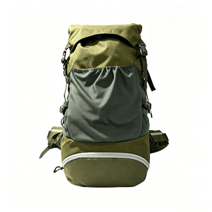 An olive green and gray hiking backpack with multiple compartments, side compression straps, and a white reflective stripe on the bottom front pocket, shown against a plain white background.
