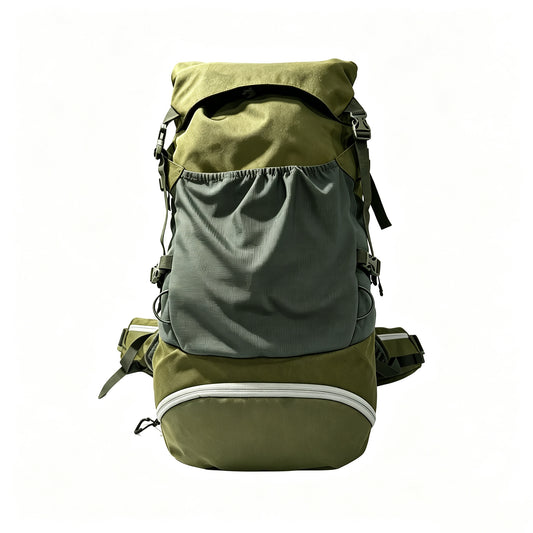 An olive green and gray hiking backpack with multiple compartments, side compression straps, and a white reflective stripe on the bottom front pocket, shown against a plain white background.