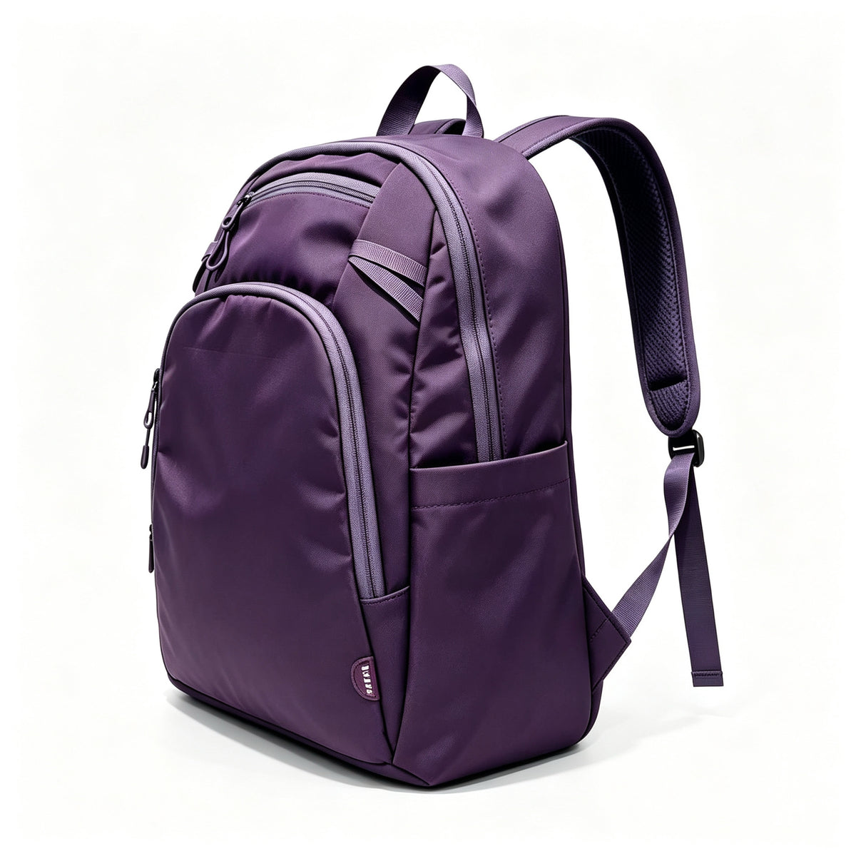 A purple nylon backpack with multiple zippered compartments and padded shoulder straps, shown on a clean white background.