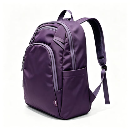 A purple nylon backpack with multiple zippered compartments and padded shoulder straps, shown on a clean white background.