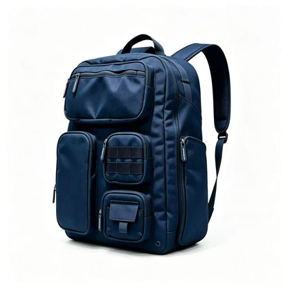 A navy blue multi-compartment backpack with multiple zippered pockets and a top handle, photographed on a clean white background.