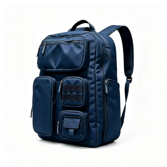 A navy blue multi-compartment backpack with multiple zippered pockets and a top handle, photographed on a clean white background.