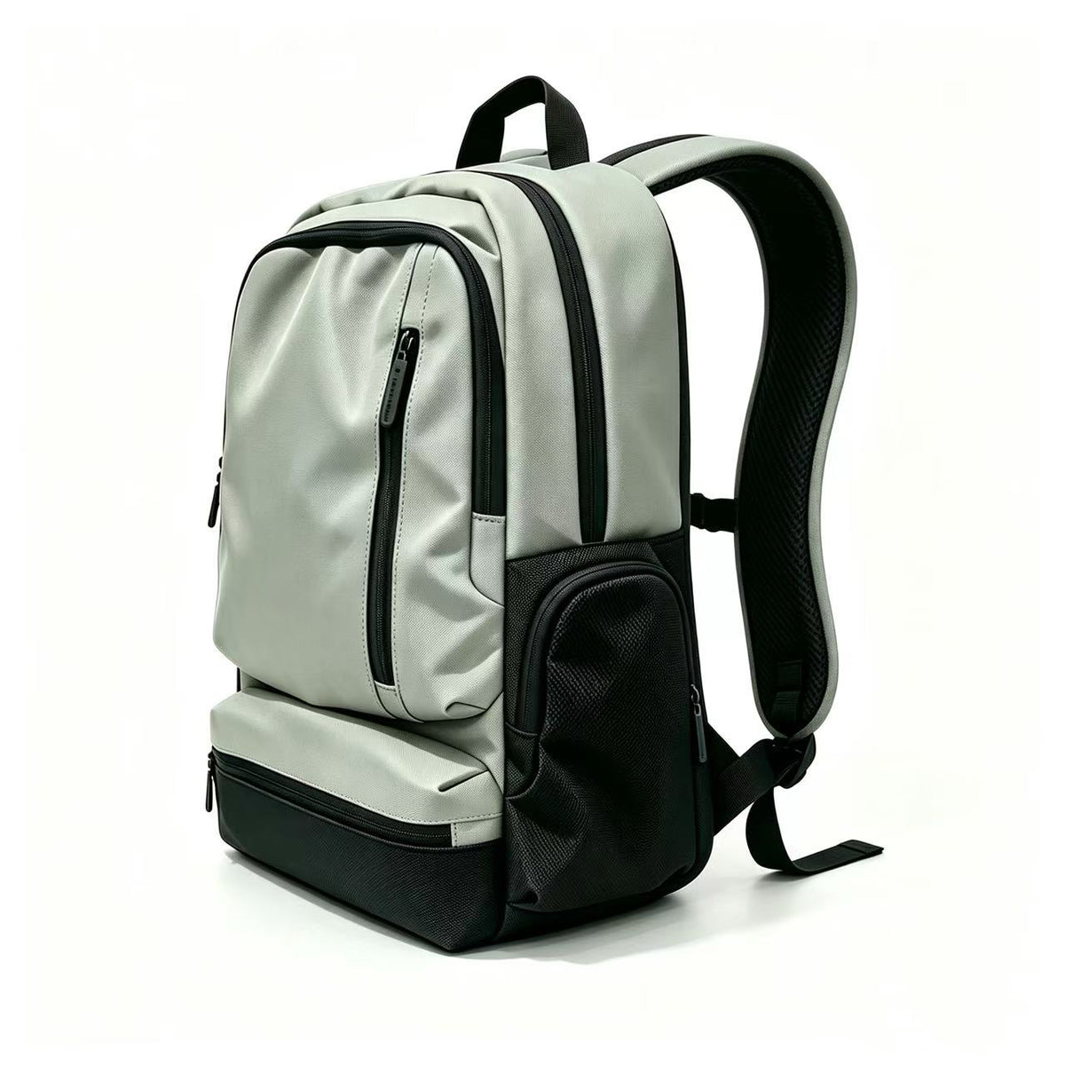 A light gray and black backpack shown from a three-quarter angle on a clean white background. The backpack features multiple zippered compartments, a padded shoulder strap, and a small white logo on the front pocket.