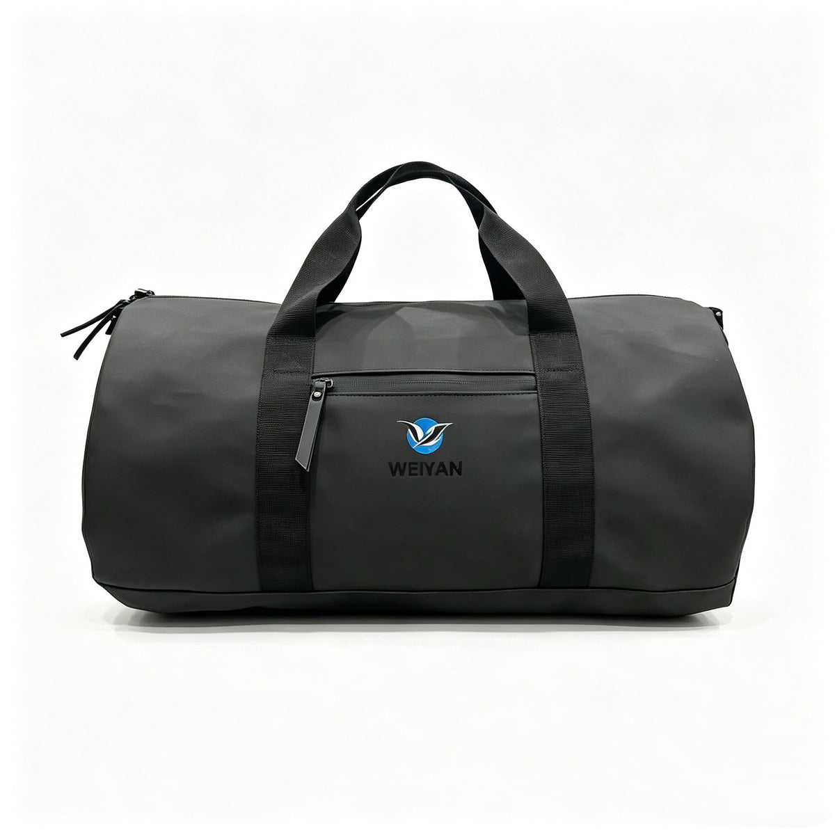 A black cylindrical duffel bag with dual top handles, a front zippered pocket, and a blue and black WEIVAN logo on the front, set against a plain white background.