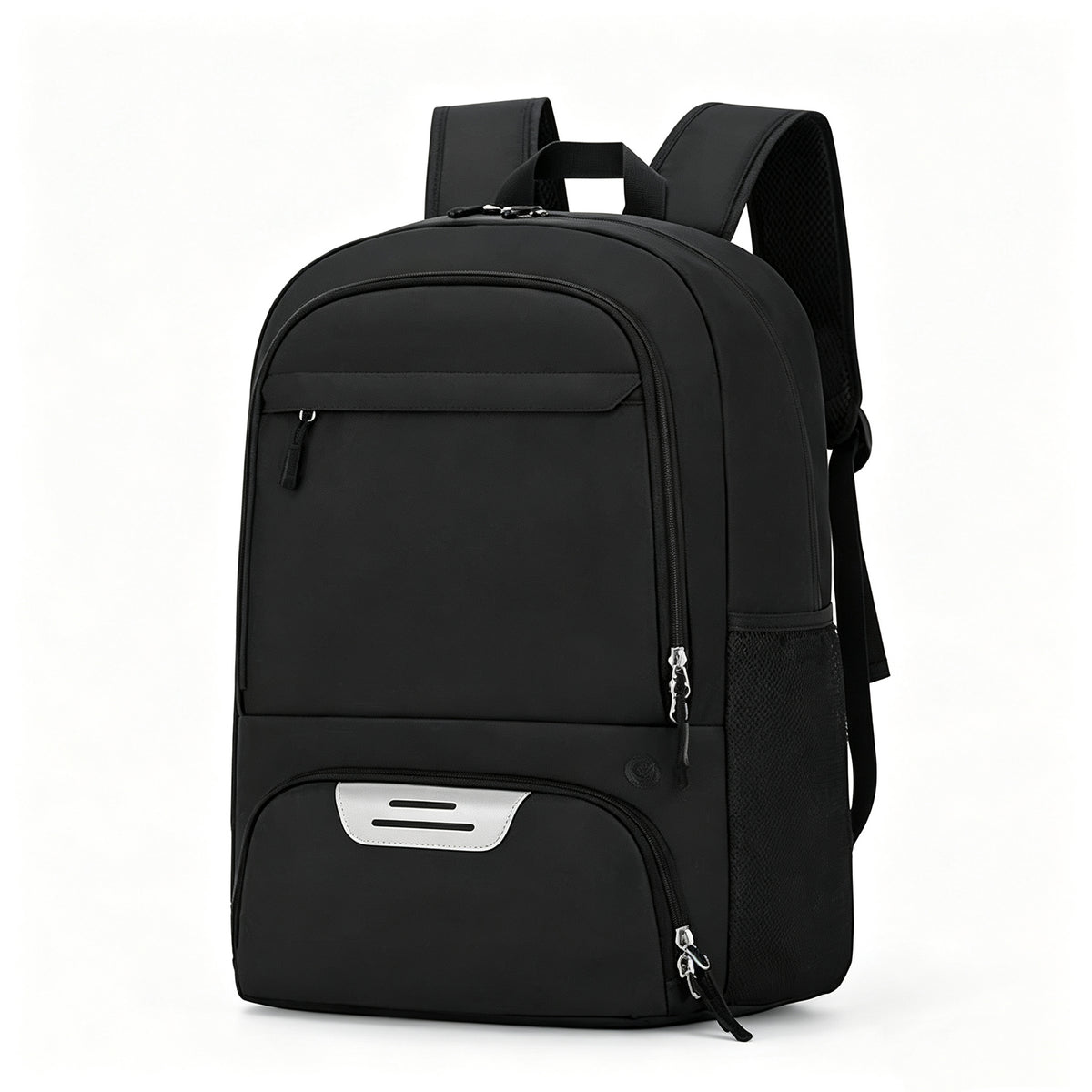 A black nylon backpack with multiple zippered compartments, a side mesh pocket, and padded shoulder straps, shown on a clean white background.