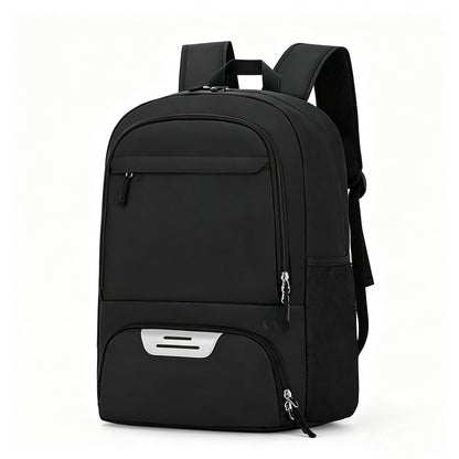 A black nylon backpack with multiple zippered compartments, a side mesh pocket, and padded shoulder straps, shown on a clean white background.