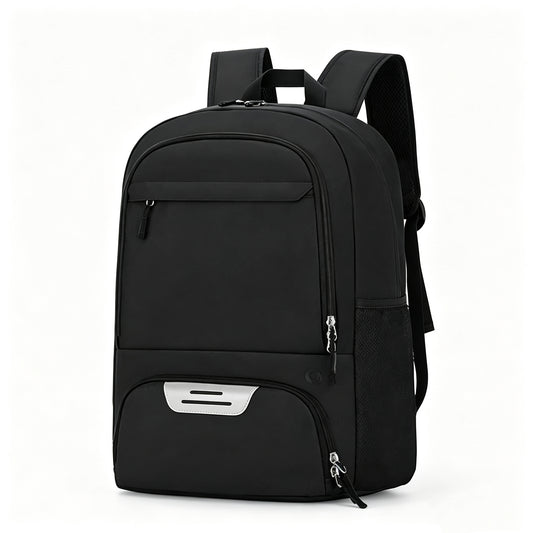A black nylon backpack with multiple zippered compartments, a side mesh pocket, and padded shoulder straps, shown on a clean white background.