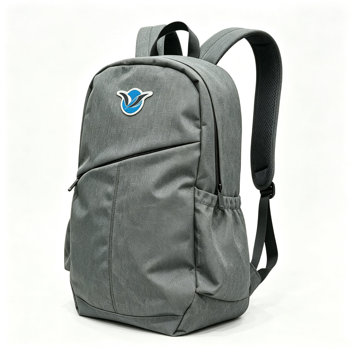 A gray nylon backpack with a blue and white bird logo on the front pocket, shown against a plain white background.