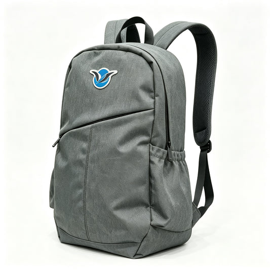 A gray nylon backpack with a blue and white bird logo on the front pocket, shown against a plain white background.